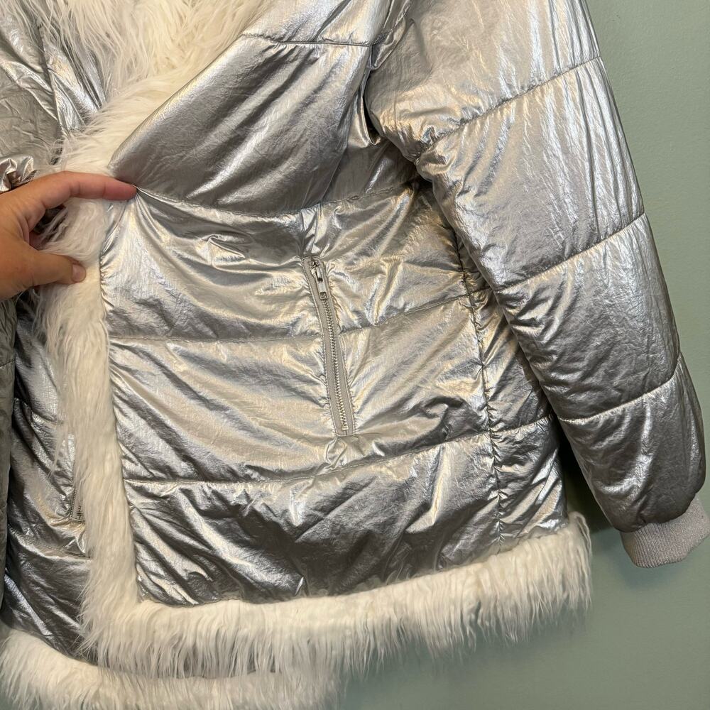 Donna Salyers Fabulous Furs Coat Women 2X Silver Metallic Hooded Faux Fur Puffer - Picture 7 of 12